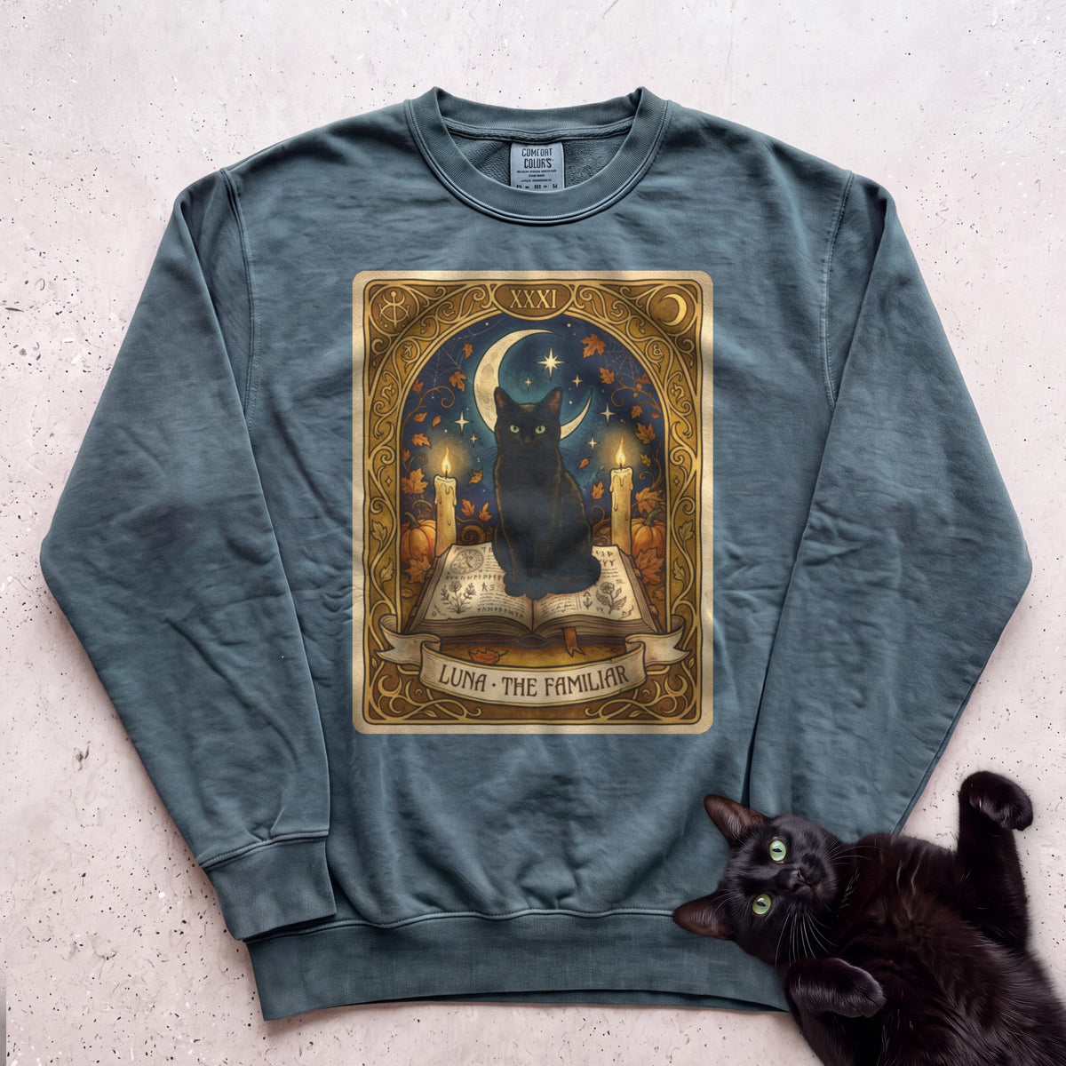Personalized Familiar Tarot Cat Sweatshirt - Blue Spruce