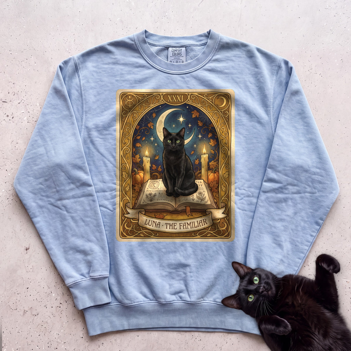 Personalized Familiar Tarot Cat Sweatshirt - Chambray