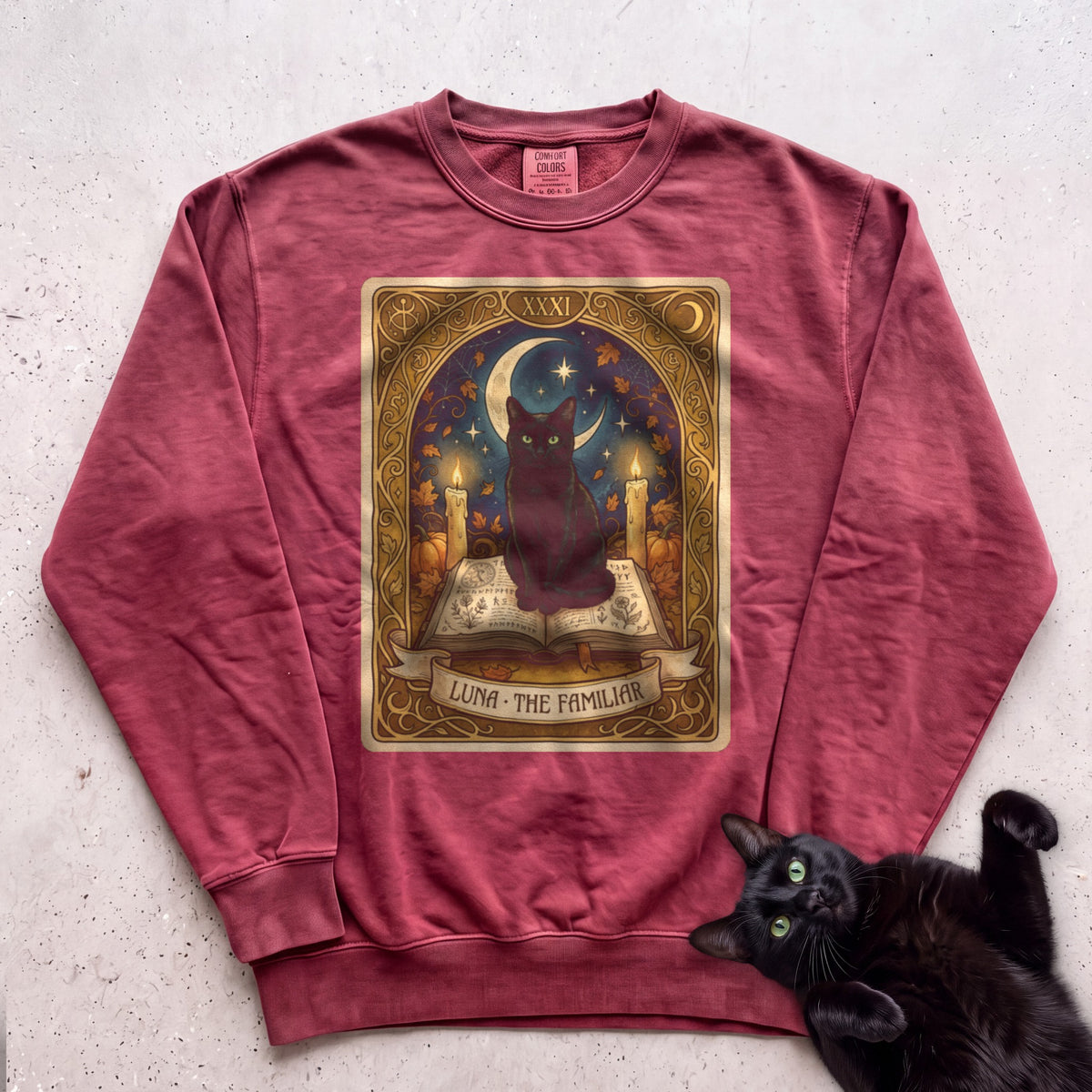 Personalized Familiar Tarot Cat Sweatshirt - Crimson