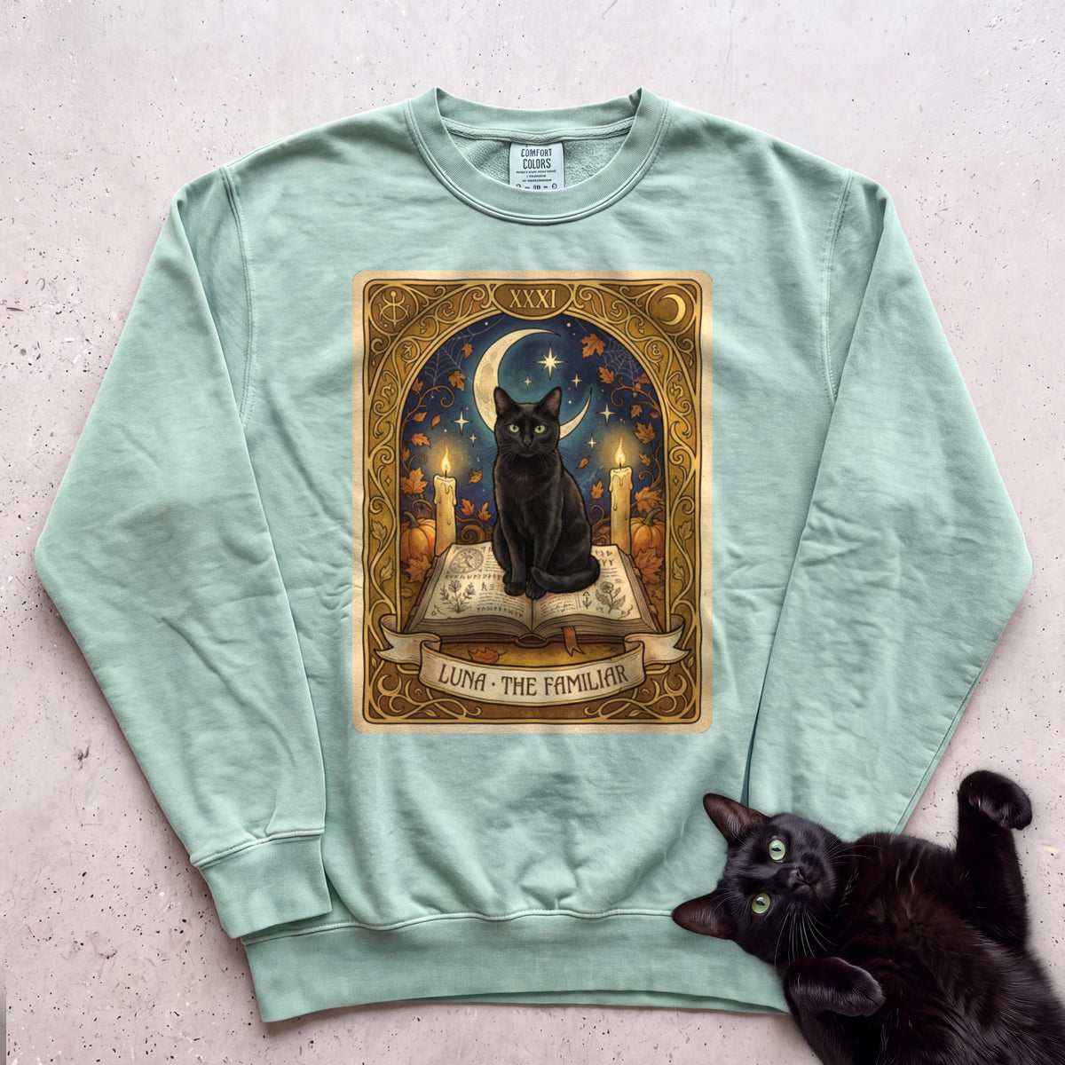 Personalized Familiar Tarot Cat Sweatshirt - Light Green