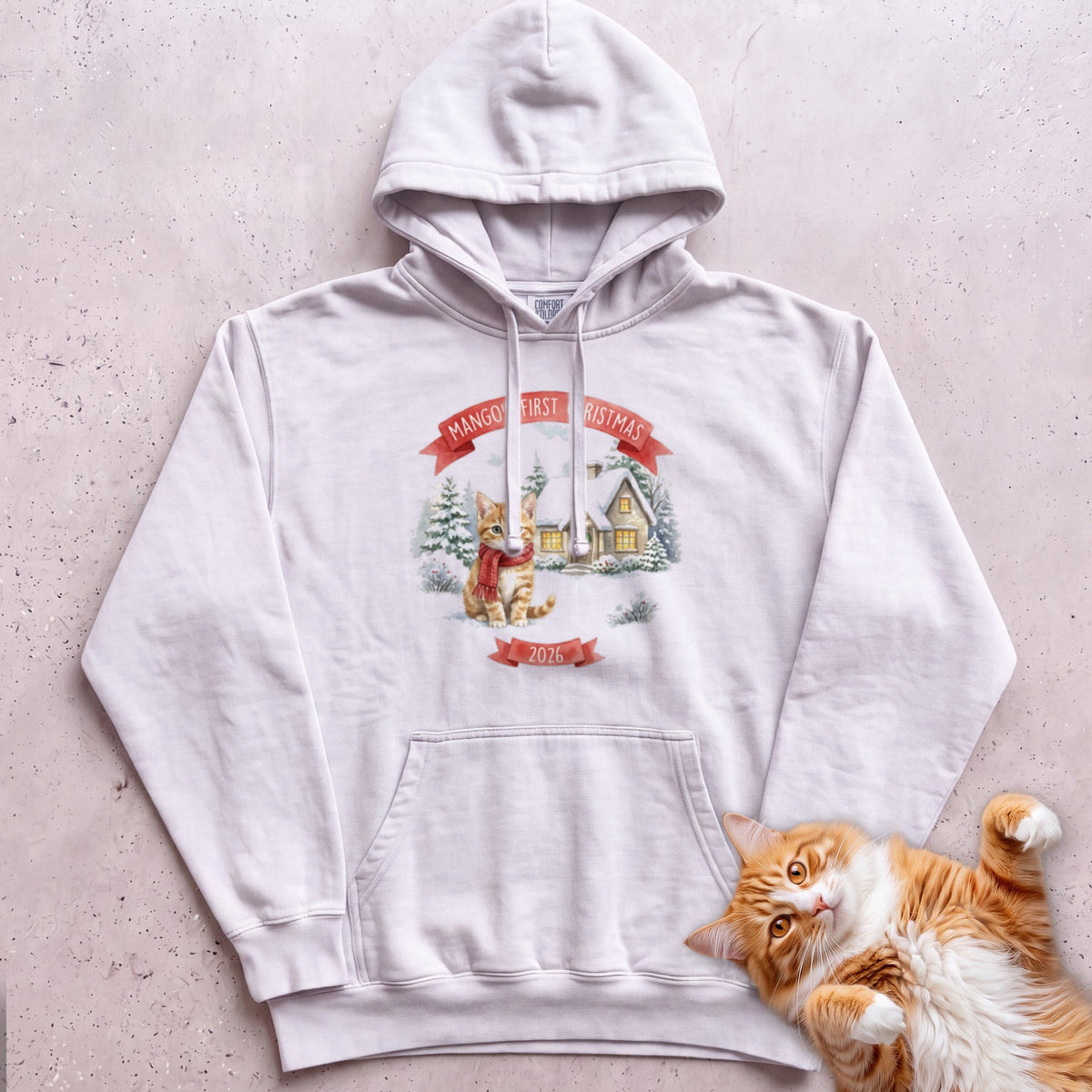 Personalized First Christmas Cottage Cat Hoodie - White