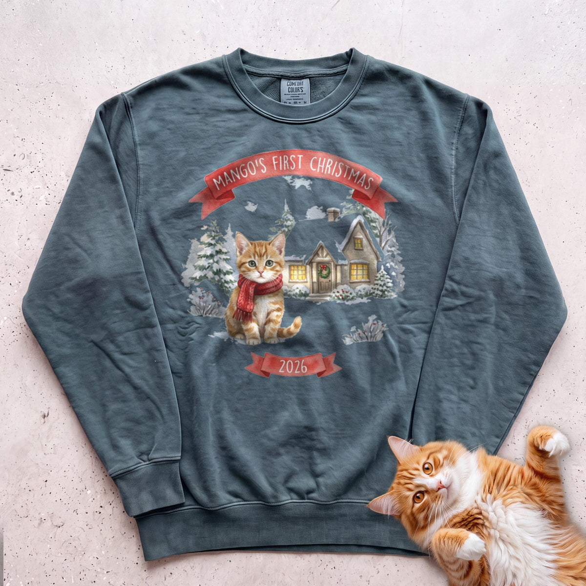 Personalized First Christmas Cottage Cat Sweatshirt - Blue Spruce