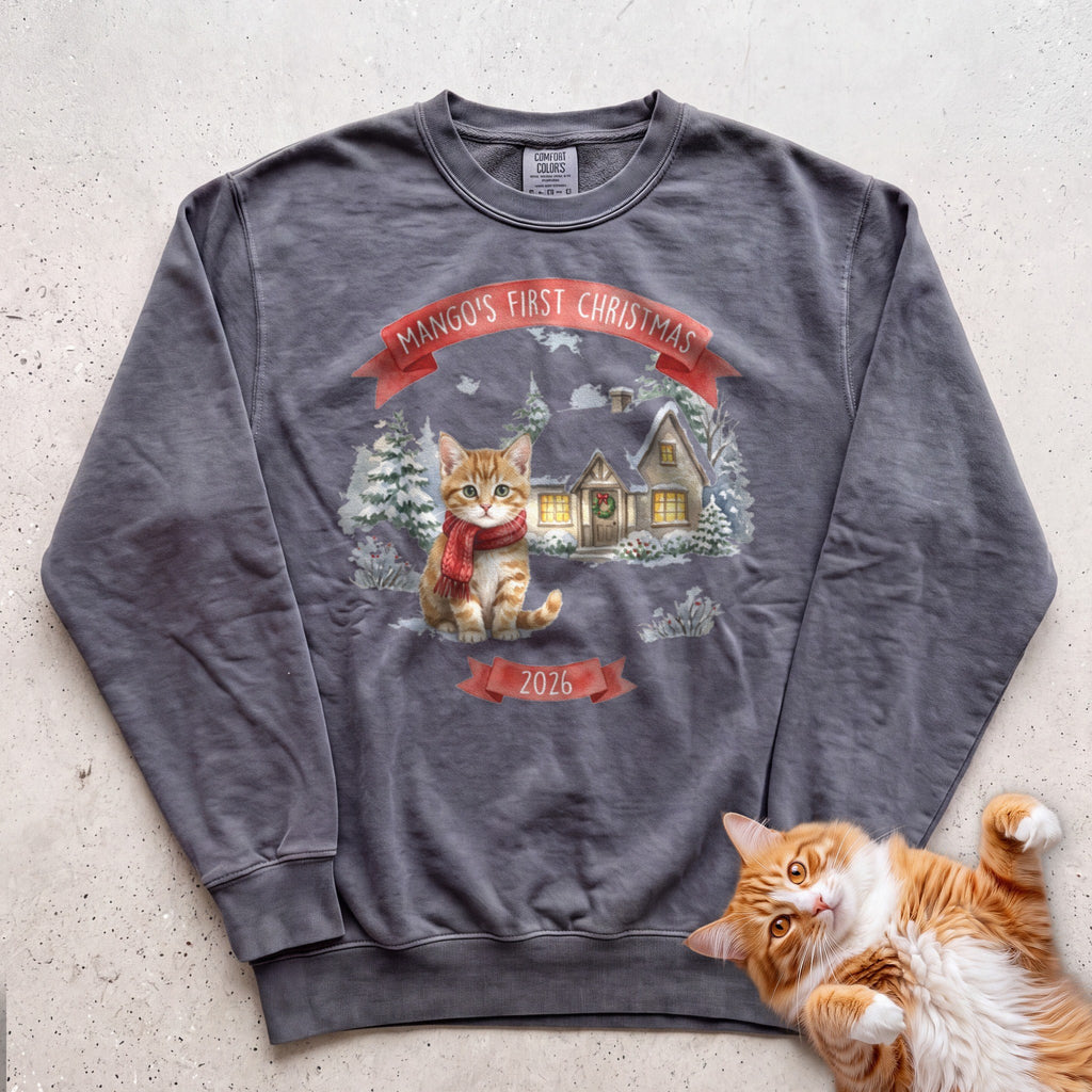 Personalized First Christmas Cottage Cat Sweatshirt - Pepper