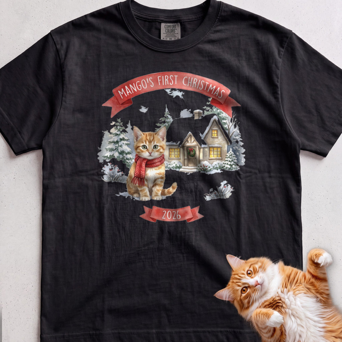 Personalized First Christmas Cottage Cat T-Shirt - Black