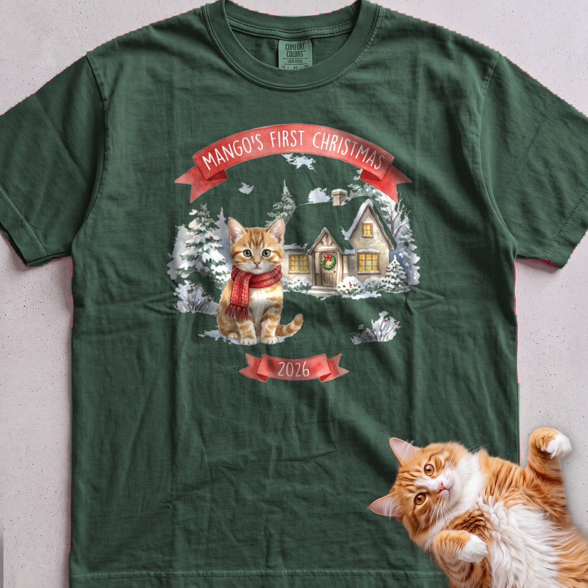 Personalized First Christmas Cottage Cat T-Shirt - Blue Spruce