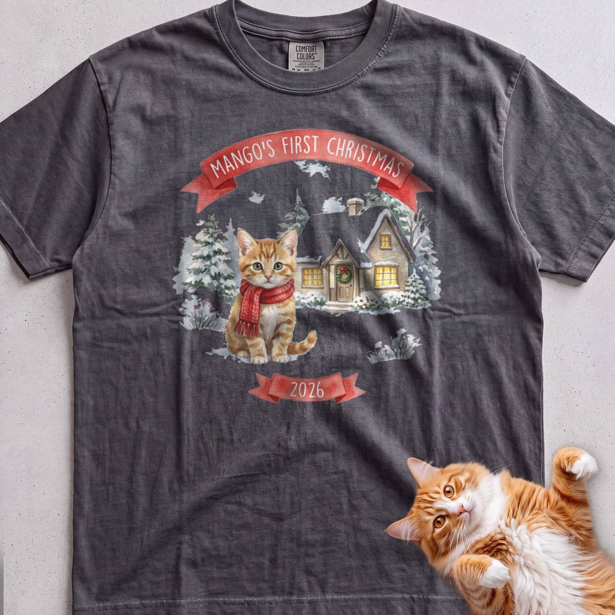 Personalized First Christmas Cottage Cat T-Shirt - Pepper