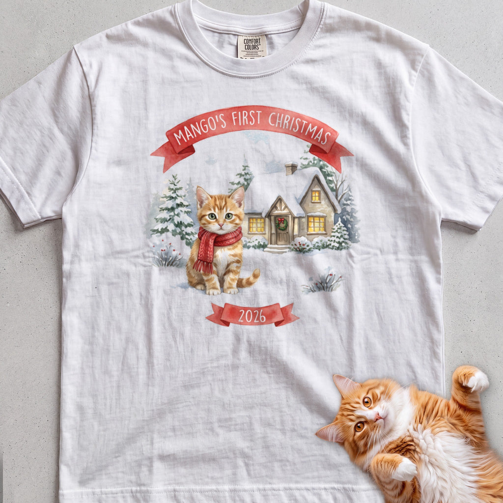 Personalized First Christmas Cottage Cat T-Shirt - White