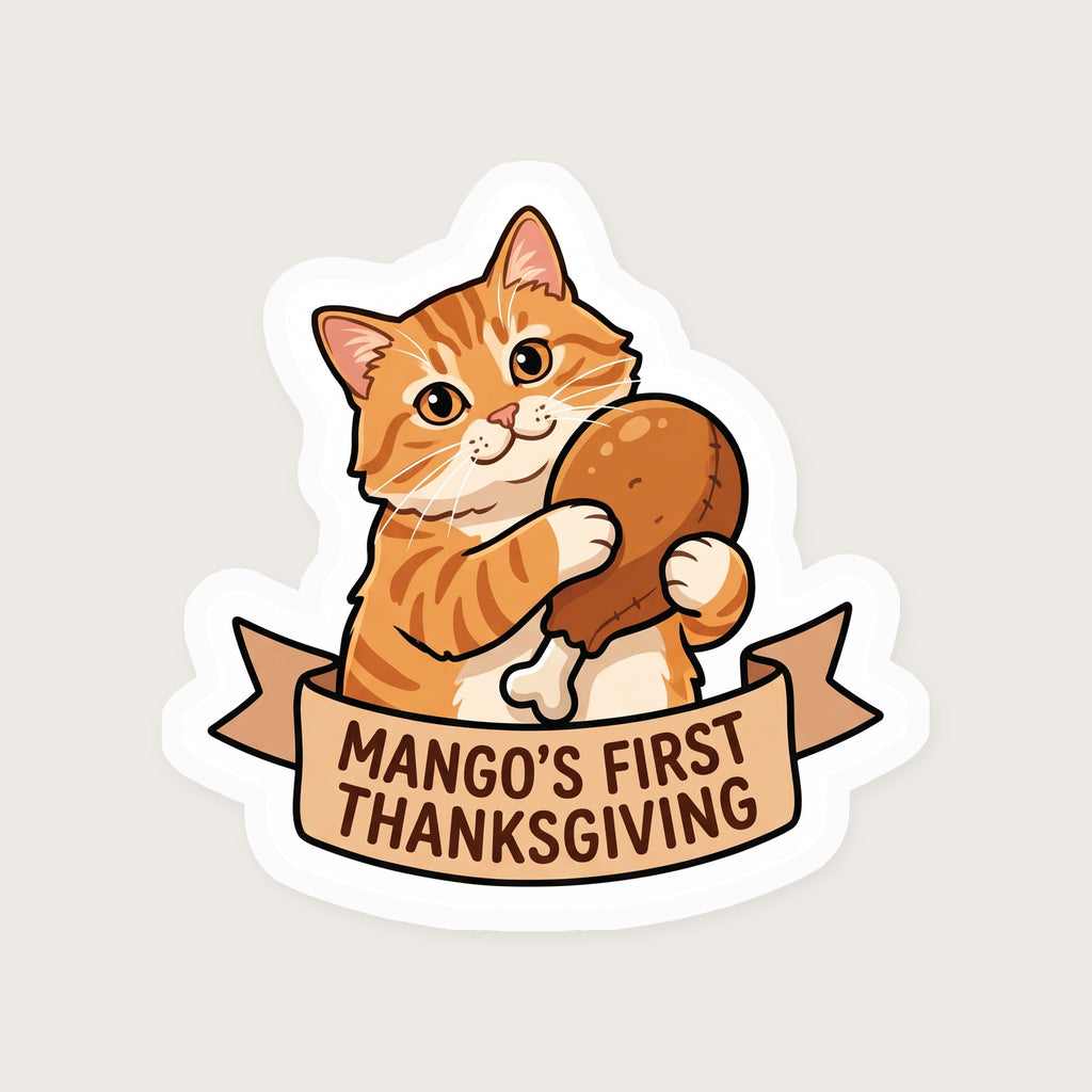 Personalized First Thanksgiving Cat Sticker print detail (sample cat Mango)
