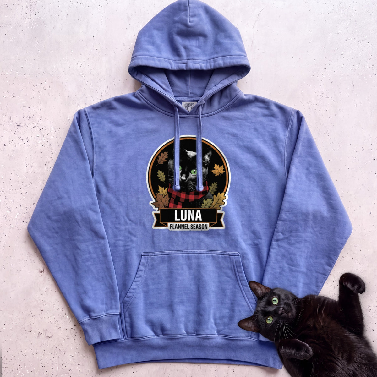 Personalized Flannel Season Cat Hoodie - Flo Blue