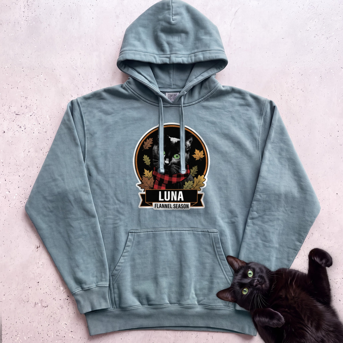 Personalized Flannel Season Cat Hoodie - Seafoam