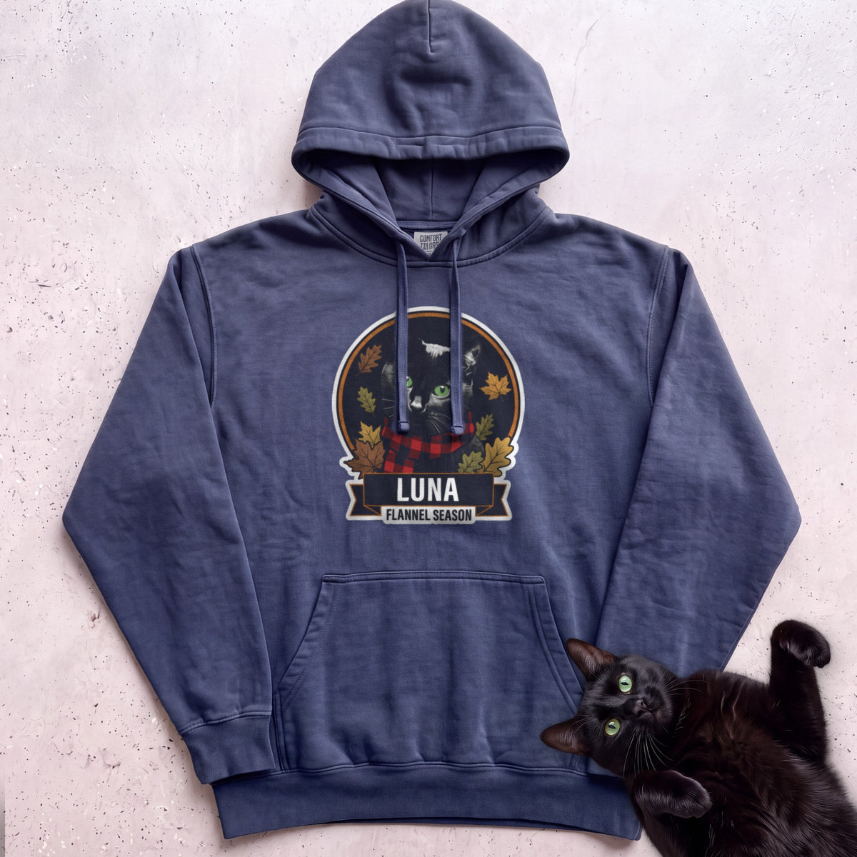 Personalized Flannel Season Cat Hoodie - True Navy