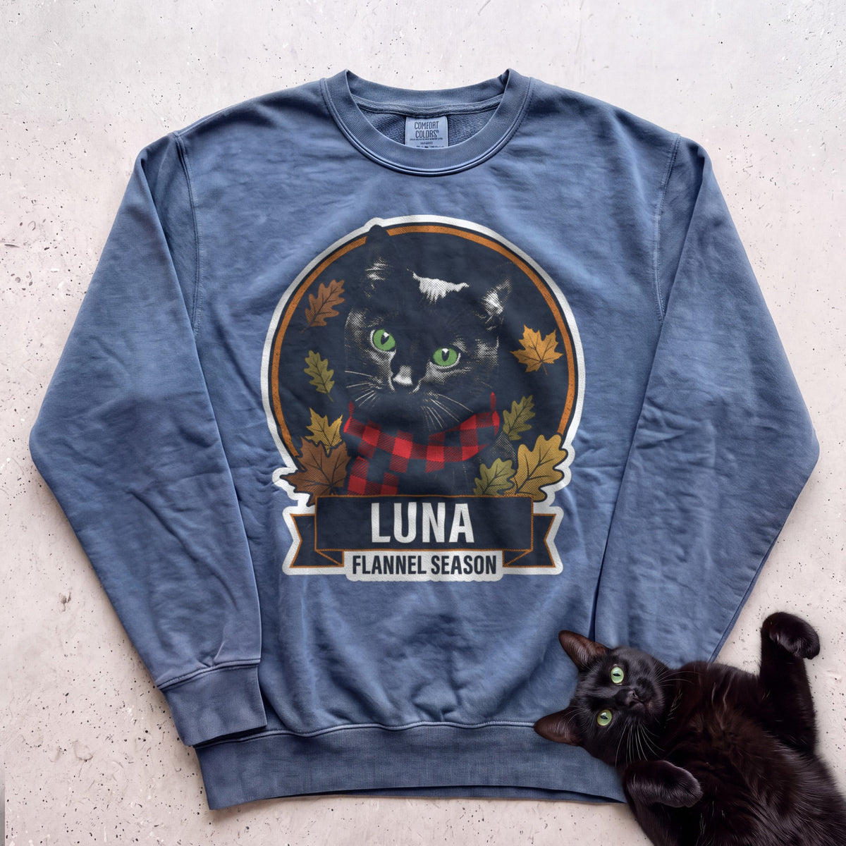 Personalized Flannel Season Cat Sweatshirt - Blue Jean