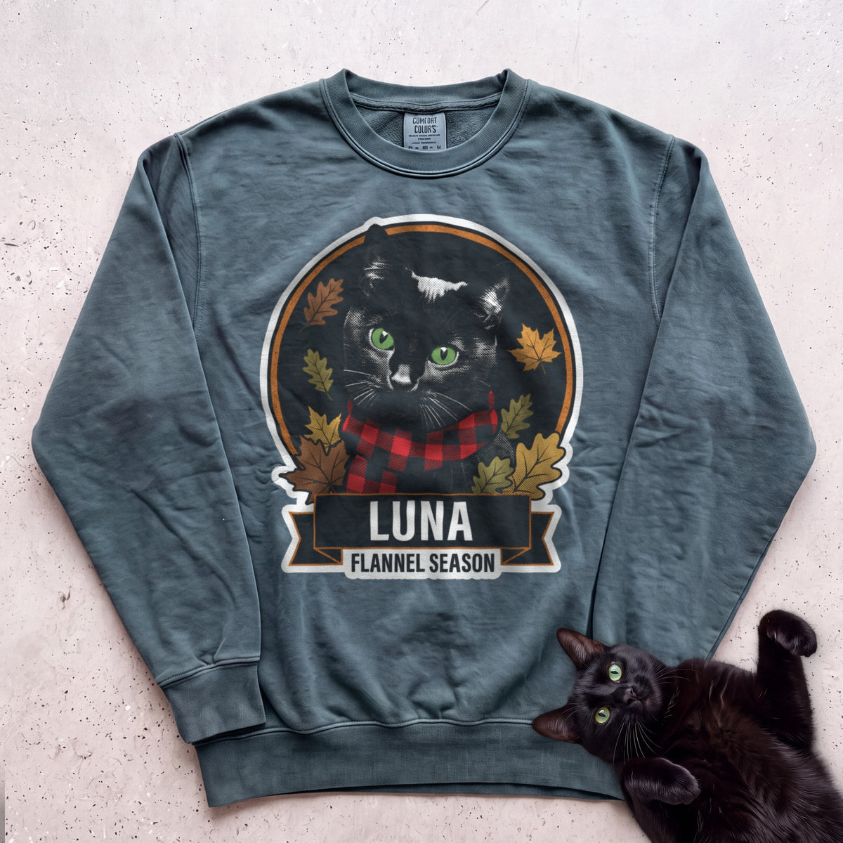 Personalized Flannel Season Cat Sweatshirt - Blue Spruce