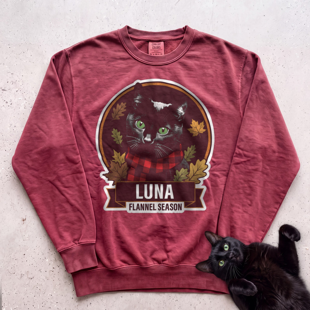 Personalized Flannel Season Cat Sweatshirt - Crimson
