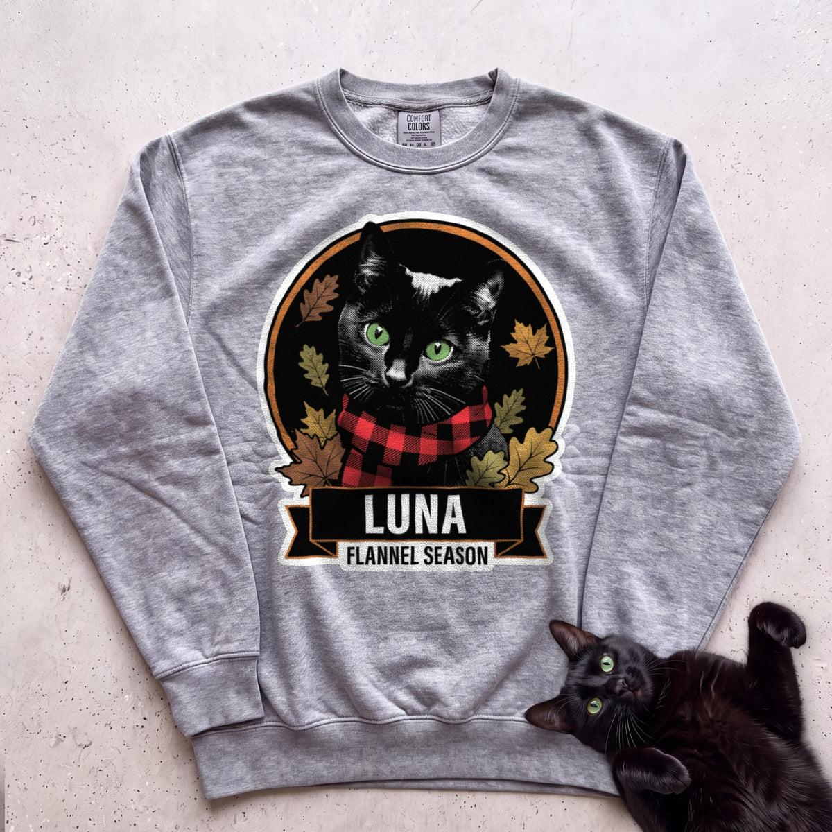 Personalized Flannel Season Cat Sweatshirt - Grey