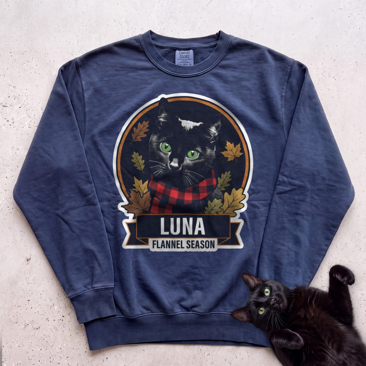 Personalized Flannel Season Cat Sweatshirt - True Navy