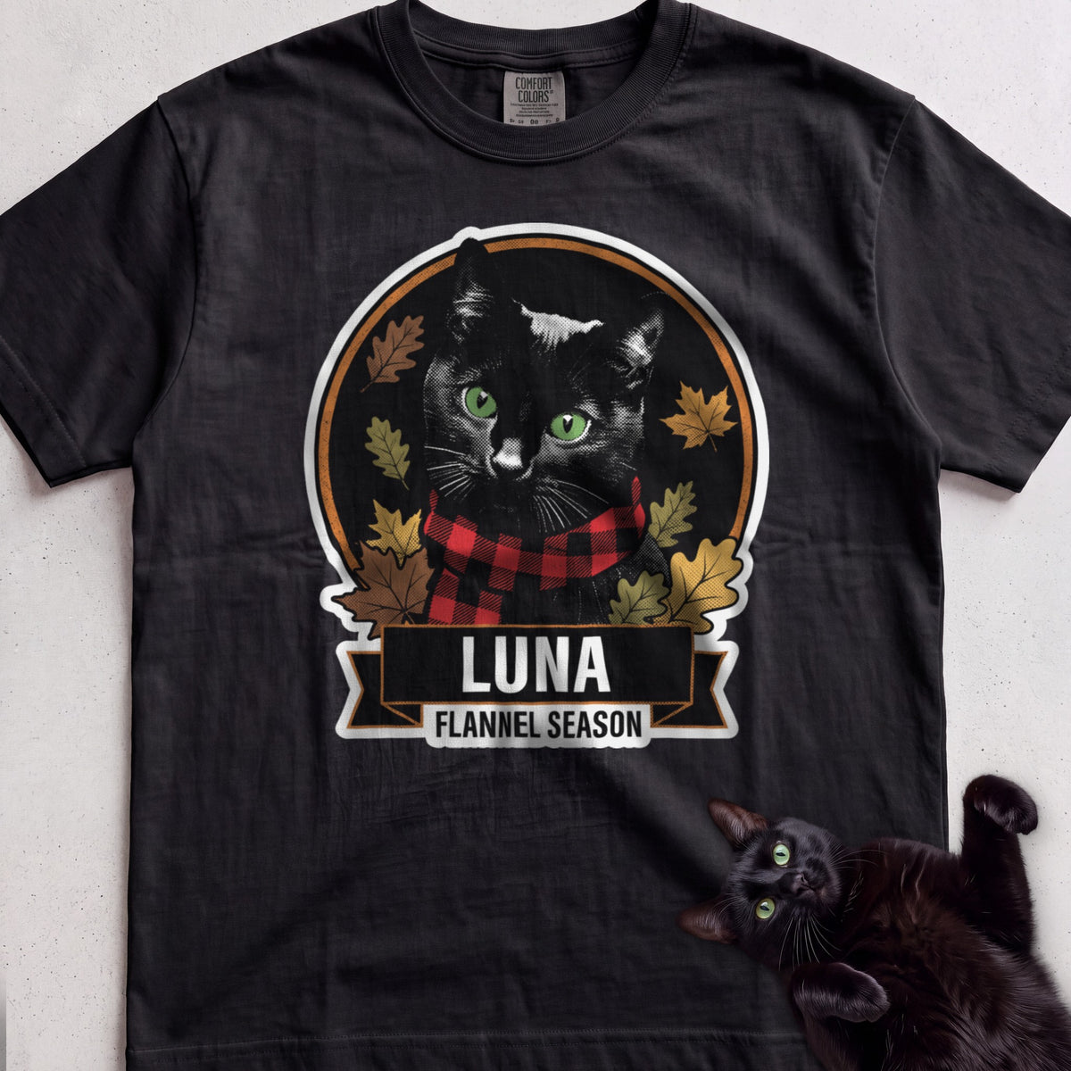 Personalized Flannel Season Cat T-Shirt - Black