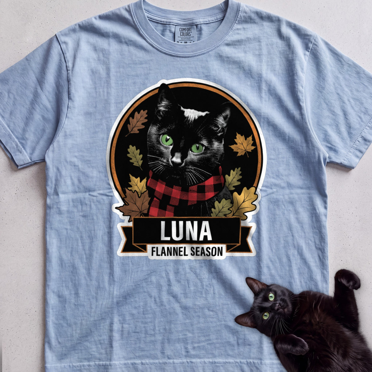 Personalized Flannel Season Cat T-Shirt - Chambray