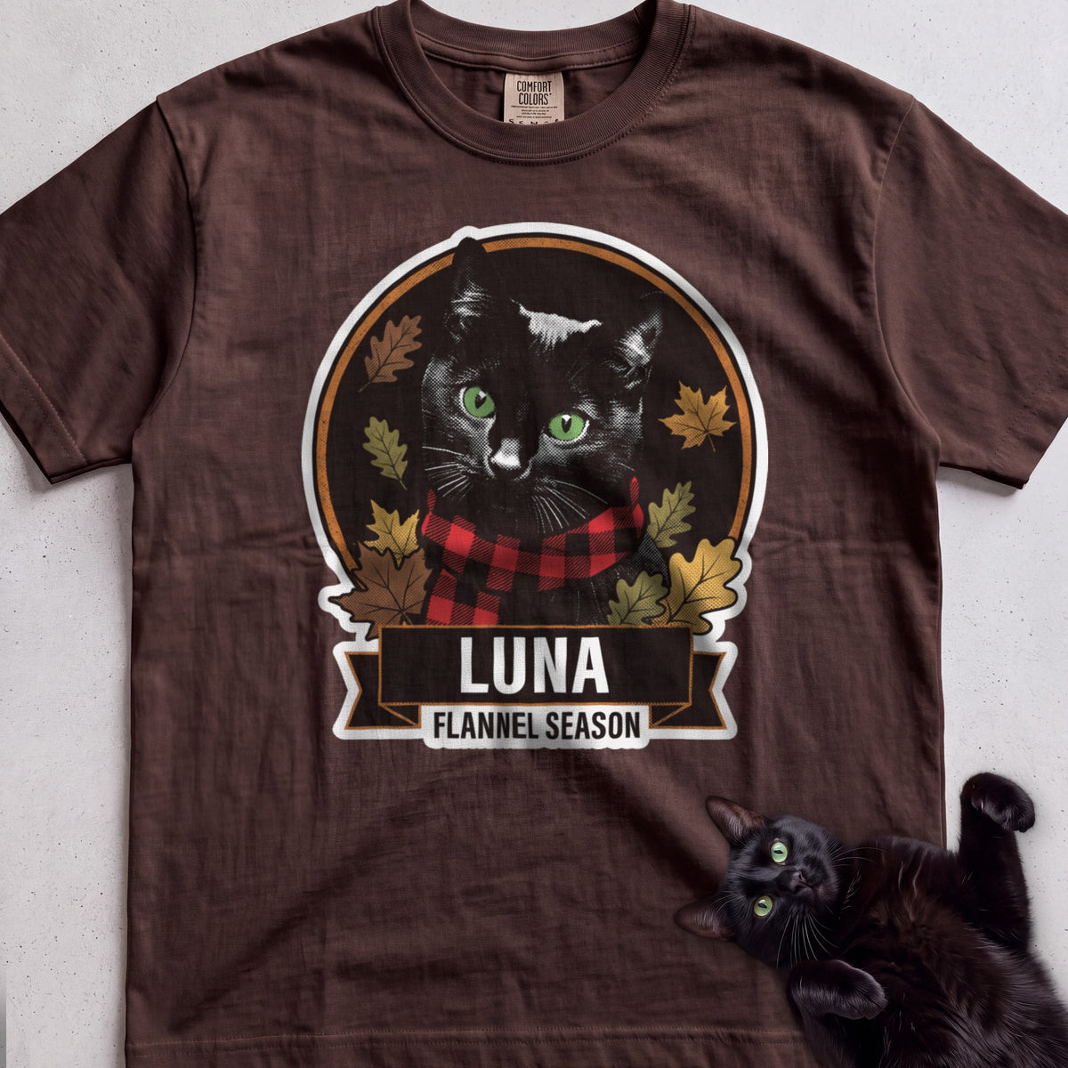 Personalized Flannel Season Cat T-Shirt - Espresso