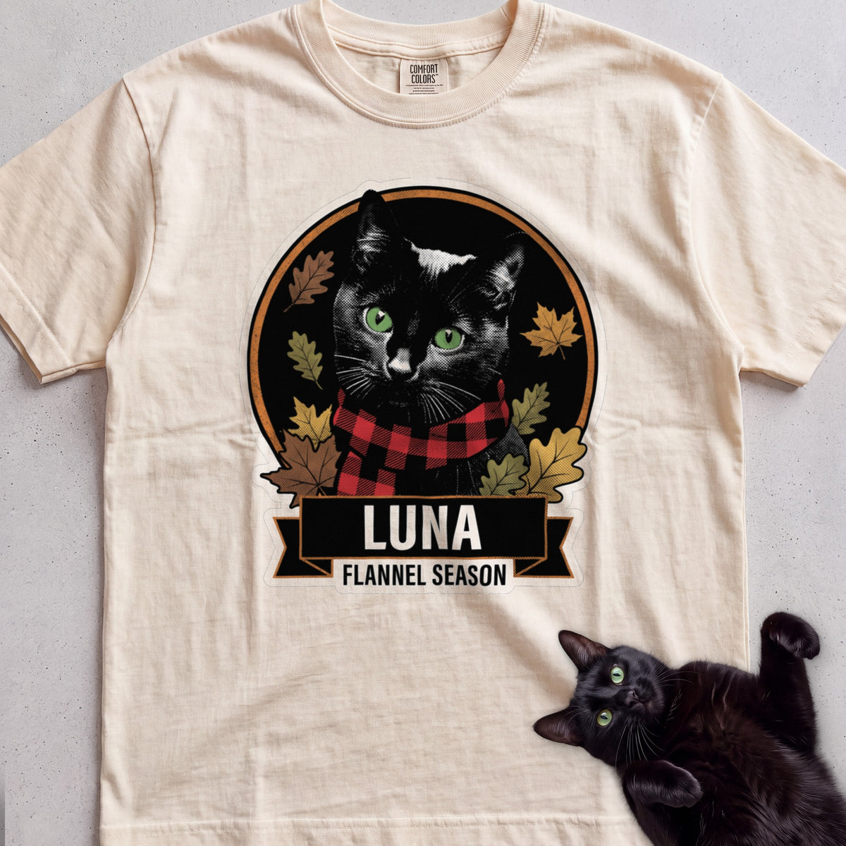 Personalized Flannel Season Cat T-Shirt - Ivory
