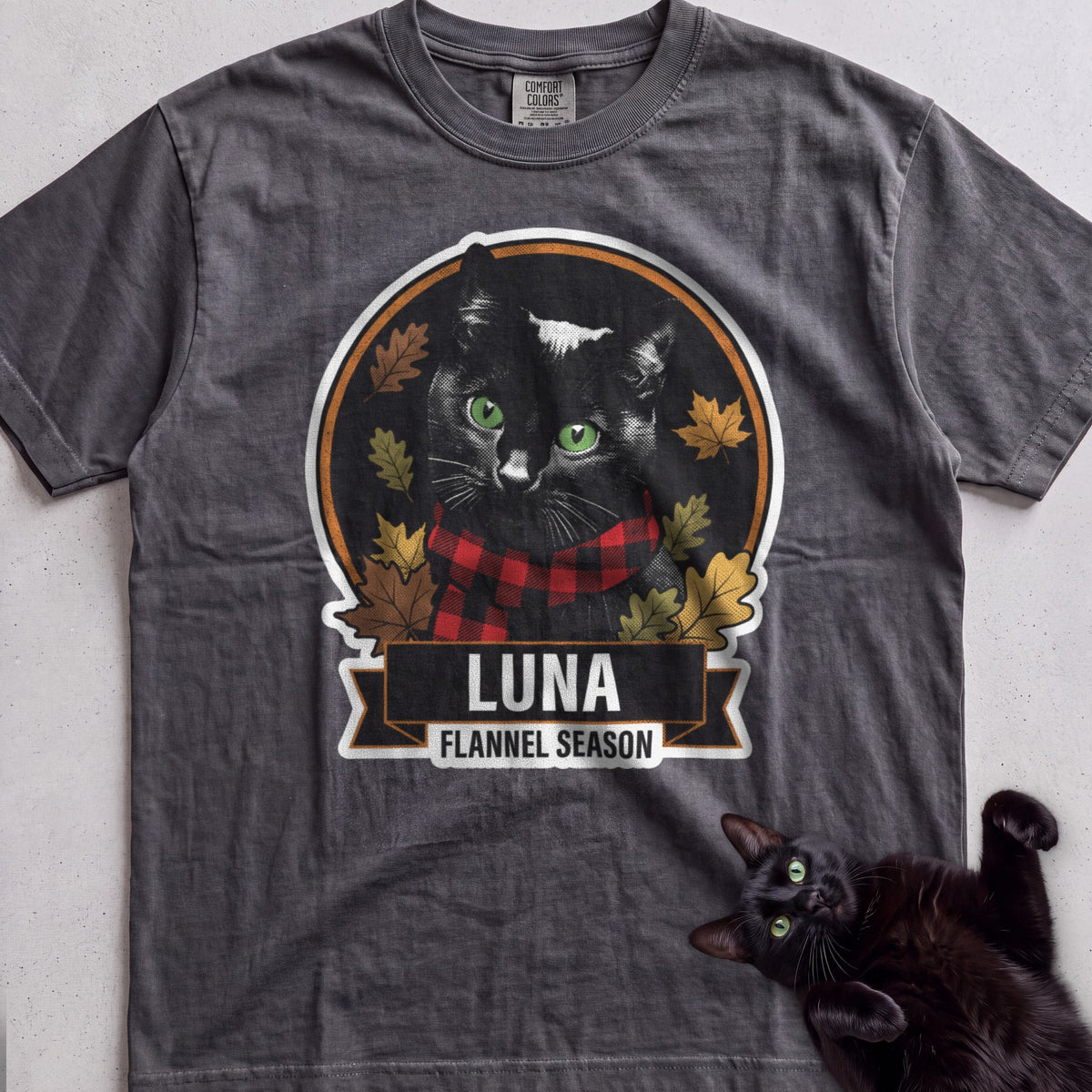 Personalized Flannel Season Cat T-Shirt - Pepper