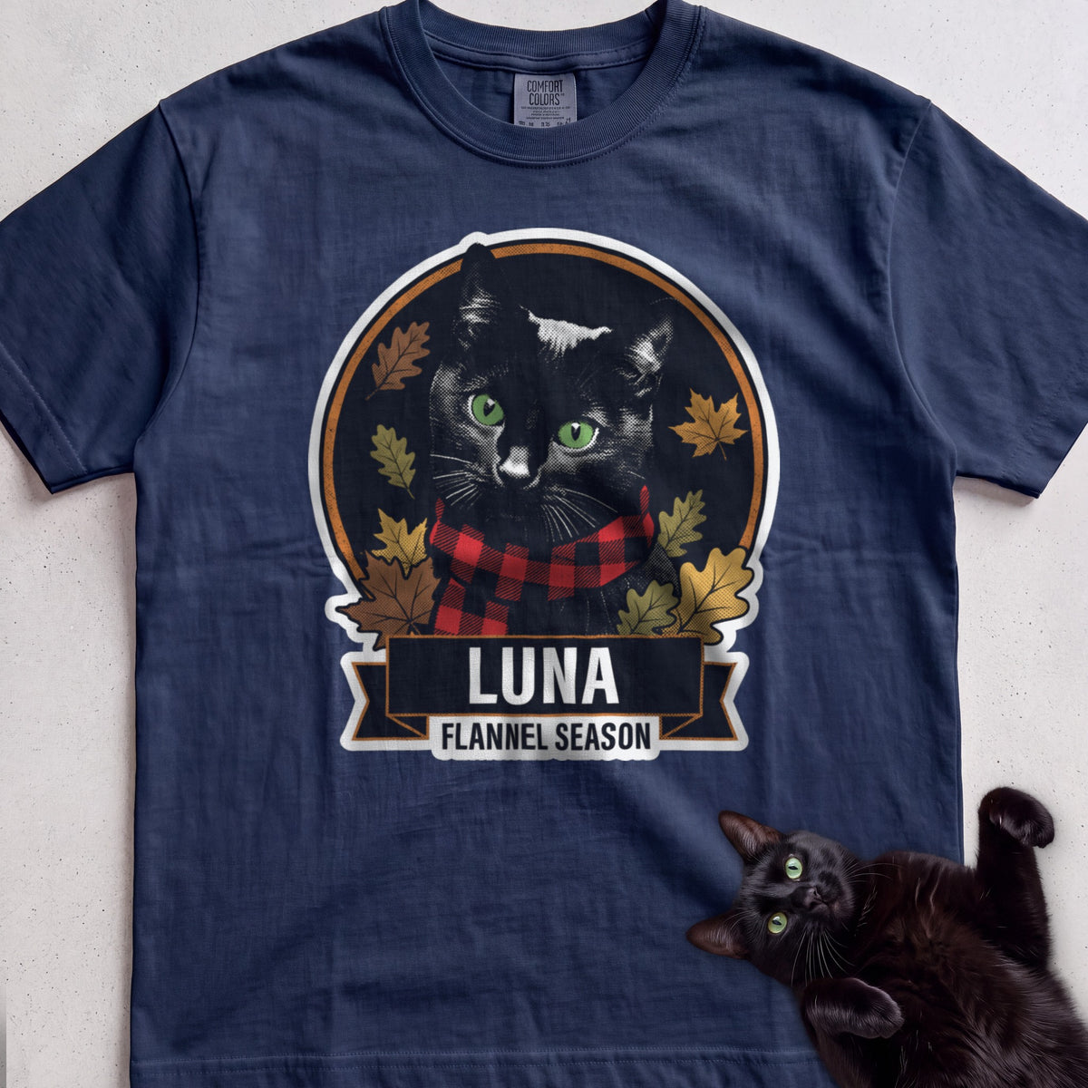 Personalized Flannel Season Cat T-Shirt - True Navy