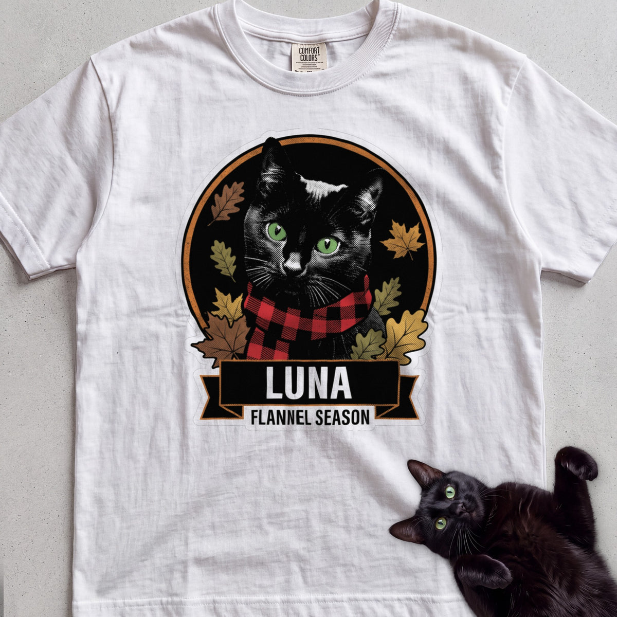 Personalized Flannel Season Cat T-Shirt - White
