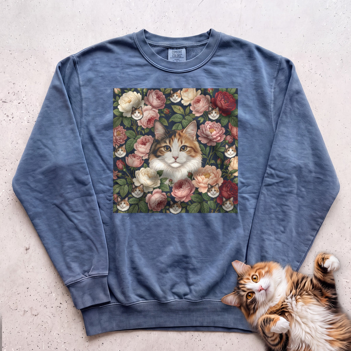 Personalized Floral Cat Portrait Sweatshirt - Blue Jean