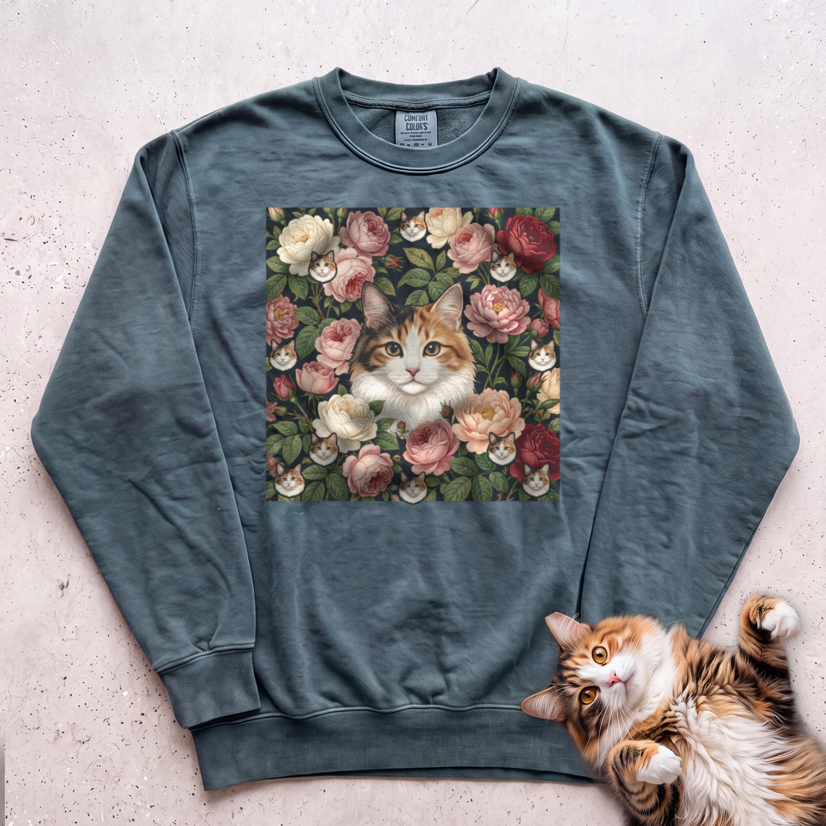 Personalized Floral Cat Portrait Sweatshirt - Blue Spruce