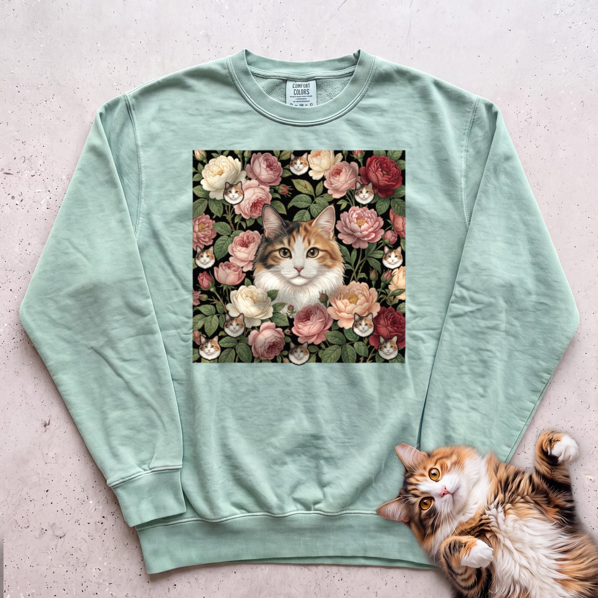 Personalized Floral Cat Portrait Sweatshirt - Light Green