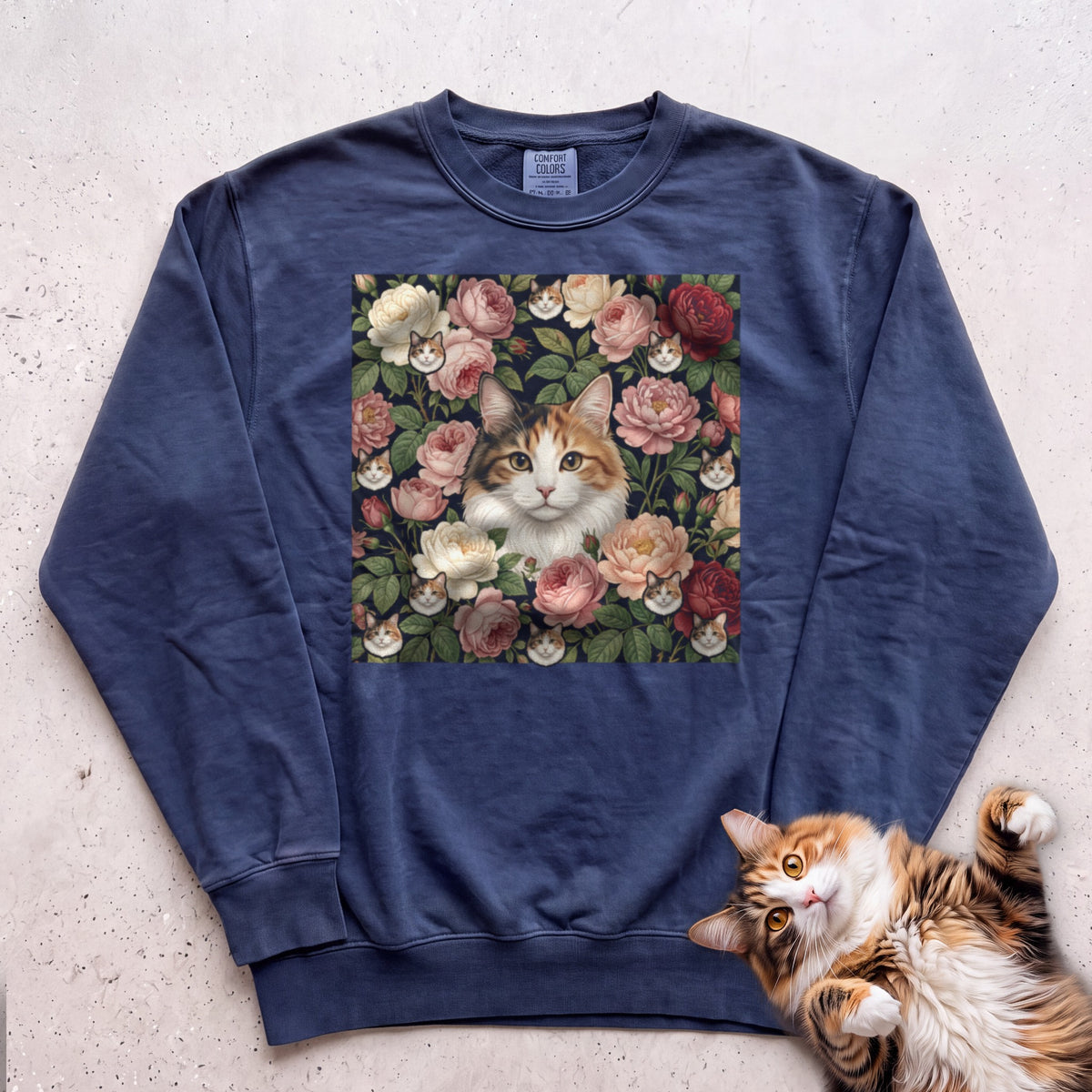 Personalized Floral Cat Portrait Sweatshirt - True Navy