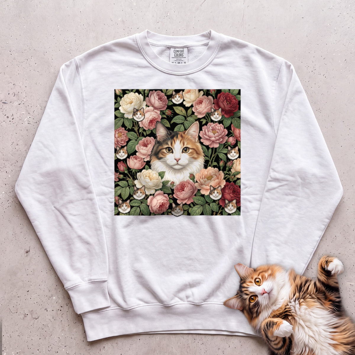 Personalized Floral Cat Portrait Sweatshirt - White