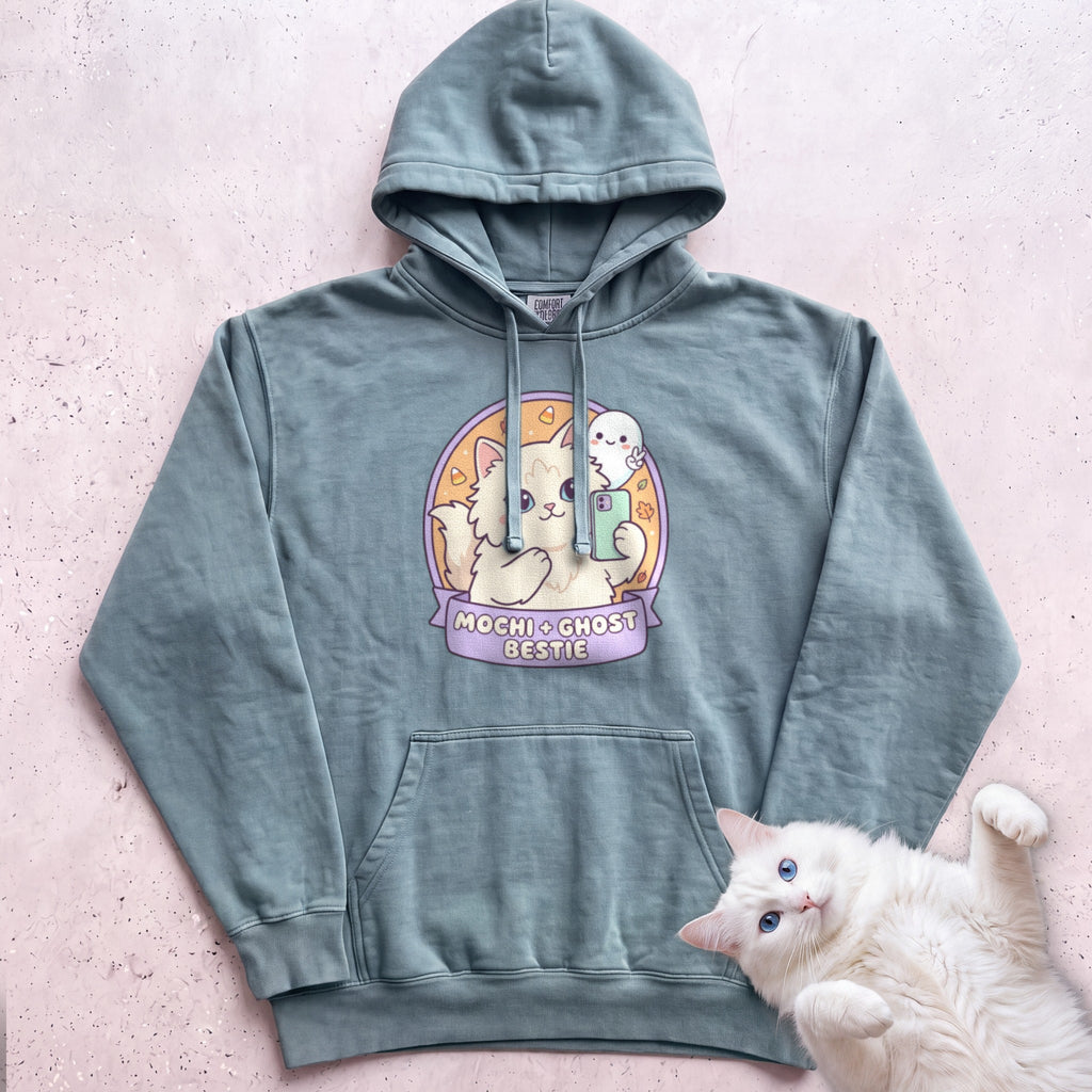 Personalized Ghost Bestie Selfie Cat Hoodie - Seafoam