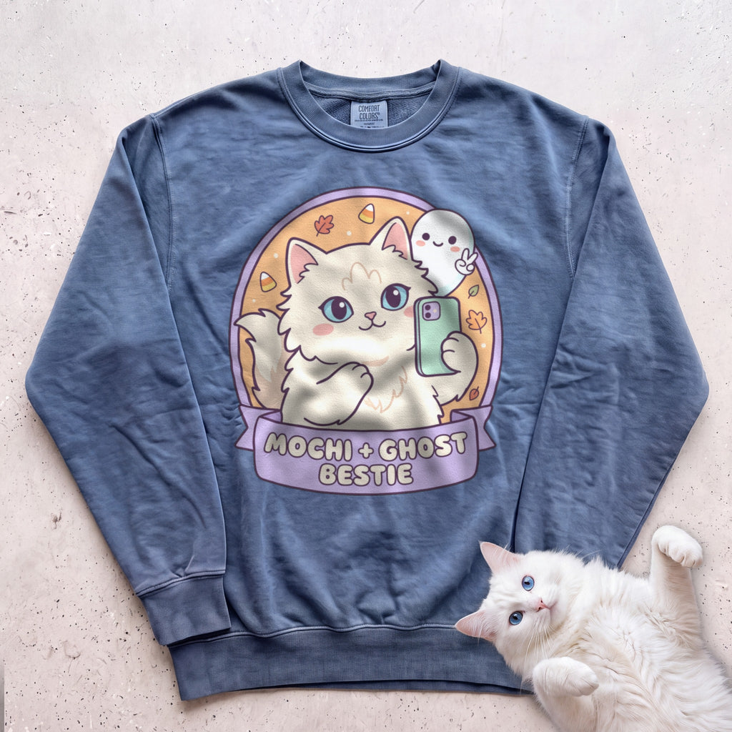 Personalized Ghost Bestie Selfie Cat Sweatshirt - Blue Jean