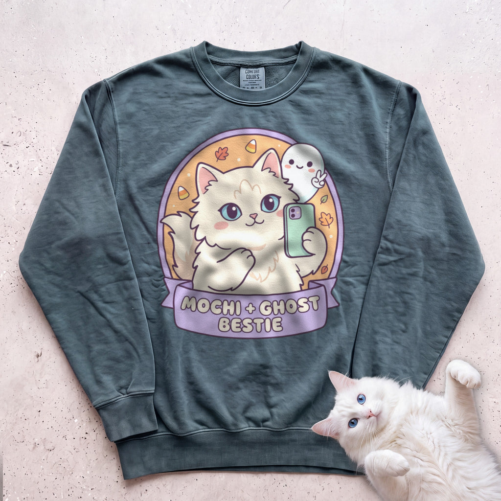 Personalized Ghost Bestie Selfie Cat Sweatshirt - Blue Spruce