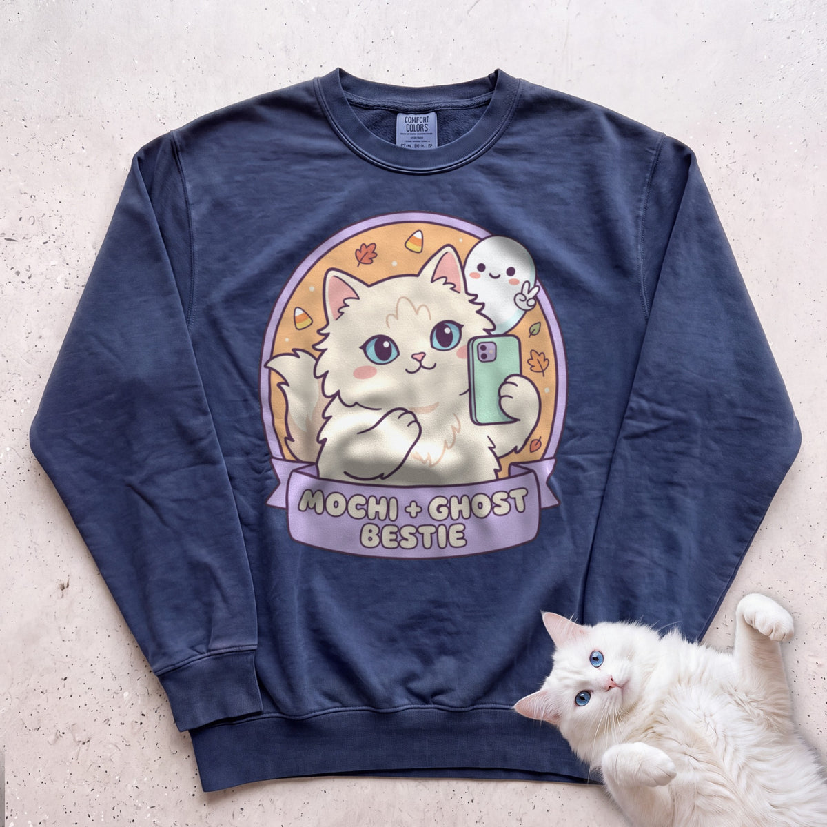Personalized Ghost Bestie Selfie Cat Sweatshirt - True Navy