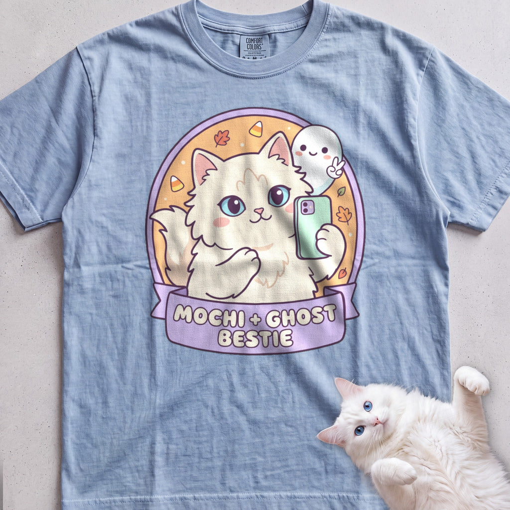 Personalized Ghost Bestie Selfie Cat T-Shirt - Chambray