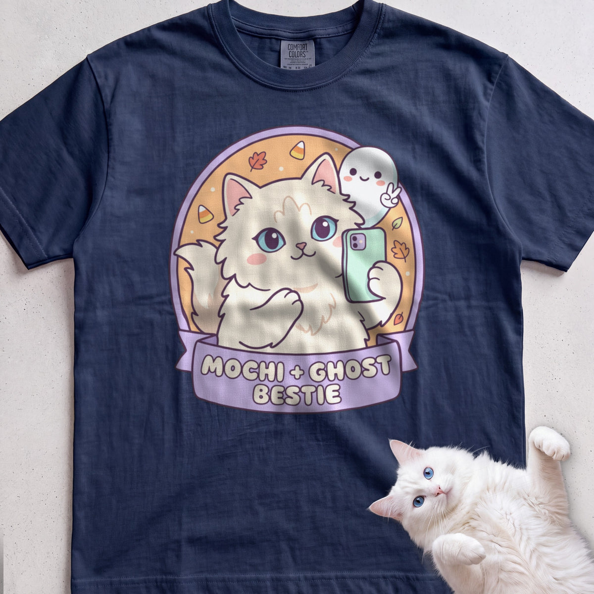 Personalized Ghost Bestie Selfie Cat T-Shirt - True Navy