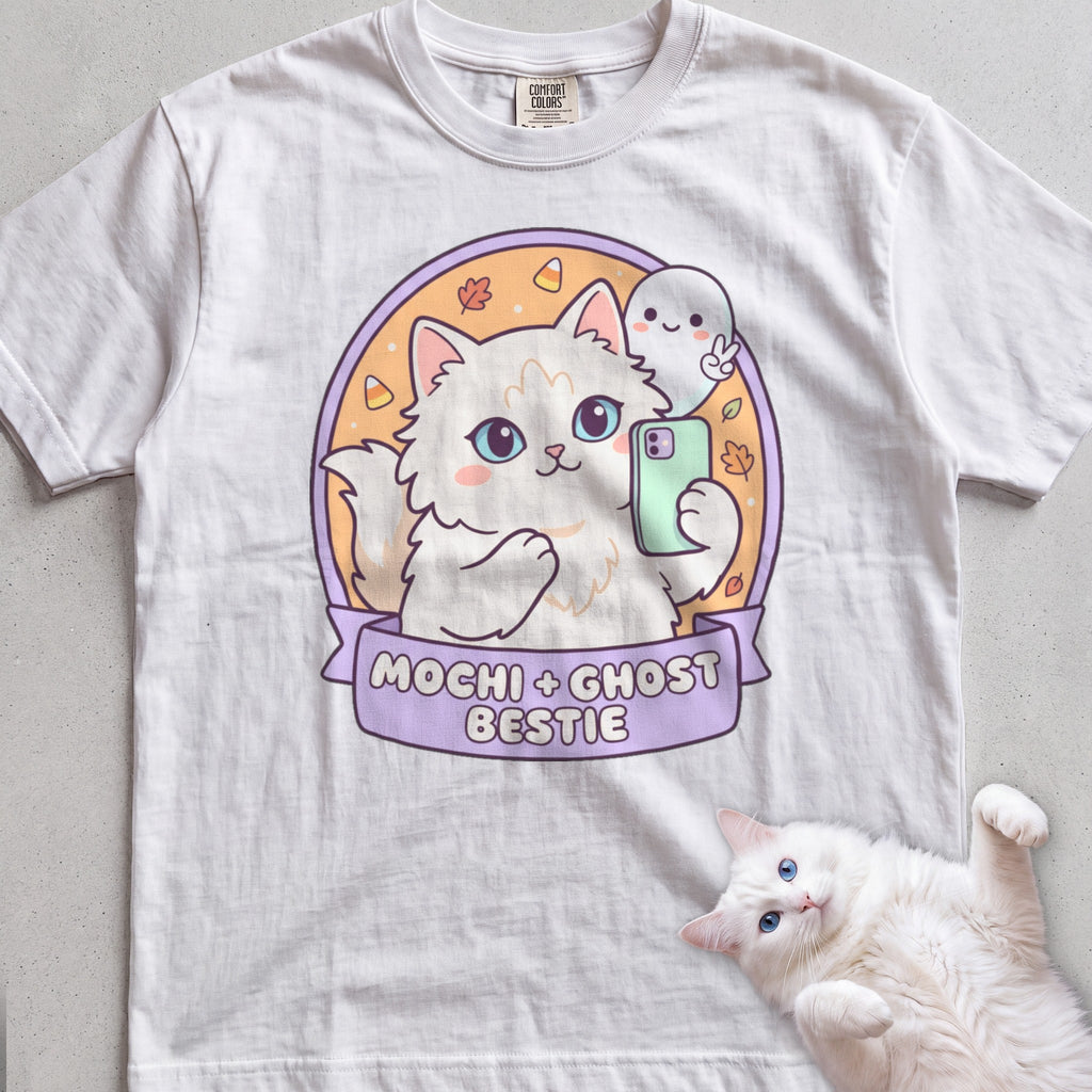 Personalized Ghost Bestie Selfie Cat T-Shirt - White