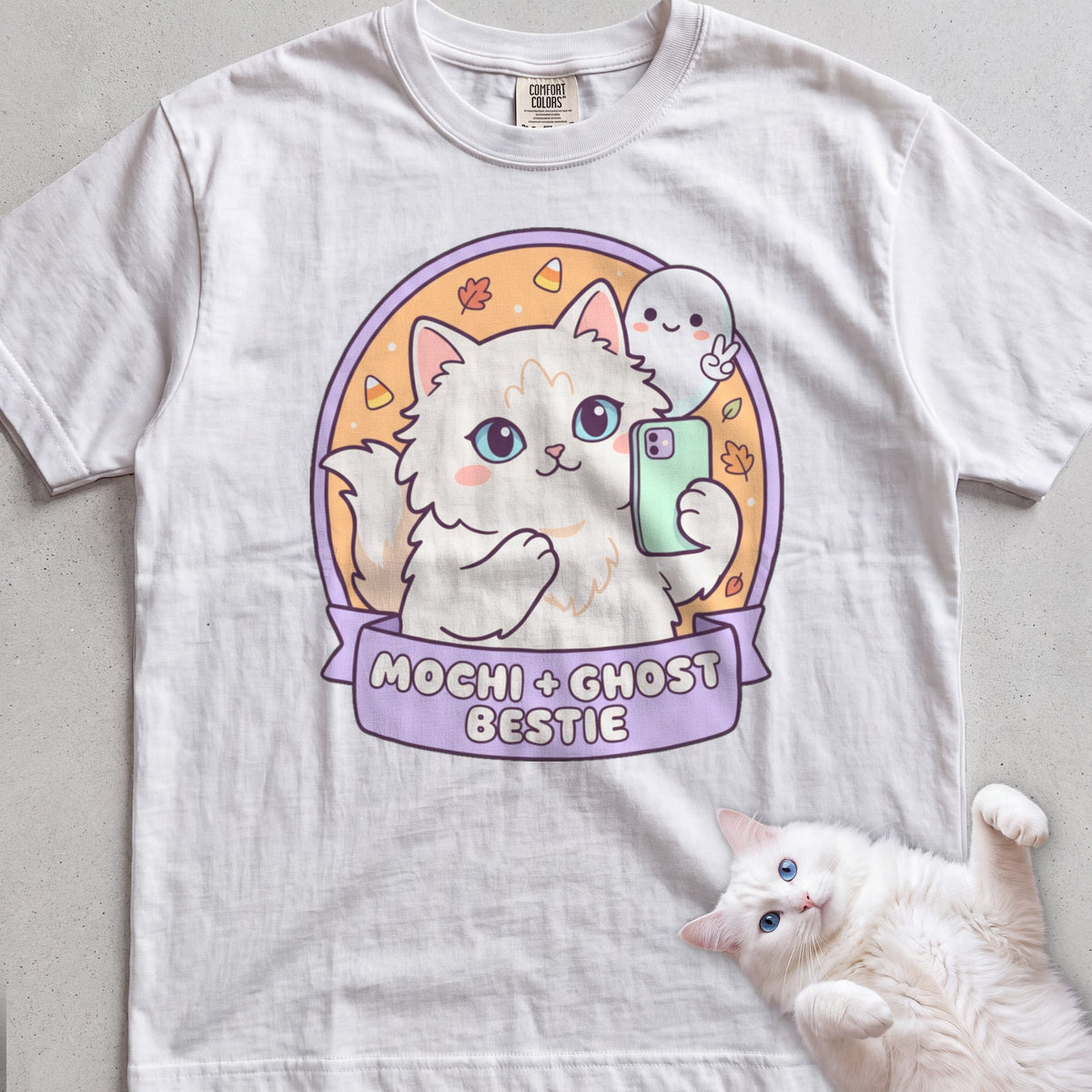 Personalized Ghost Bestie Selfie Cat T-Shirt - White