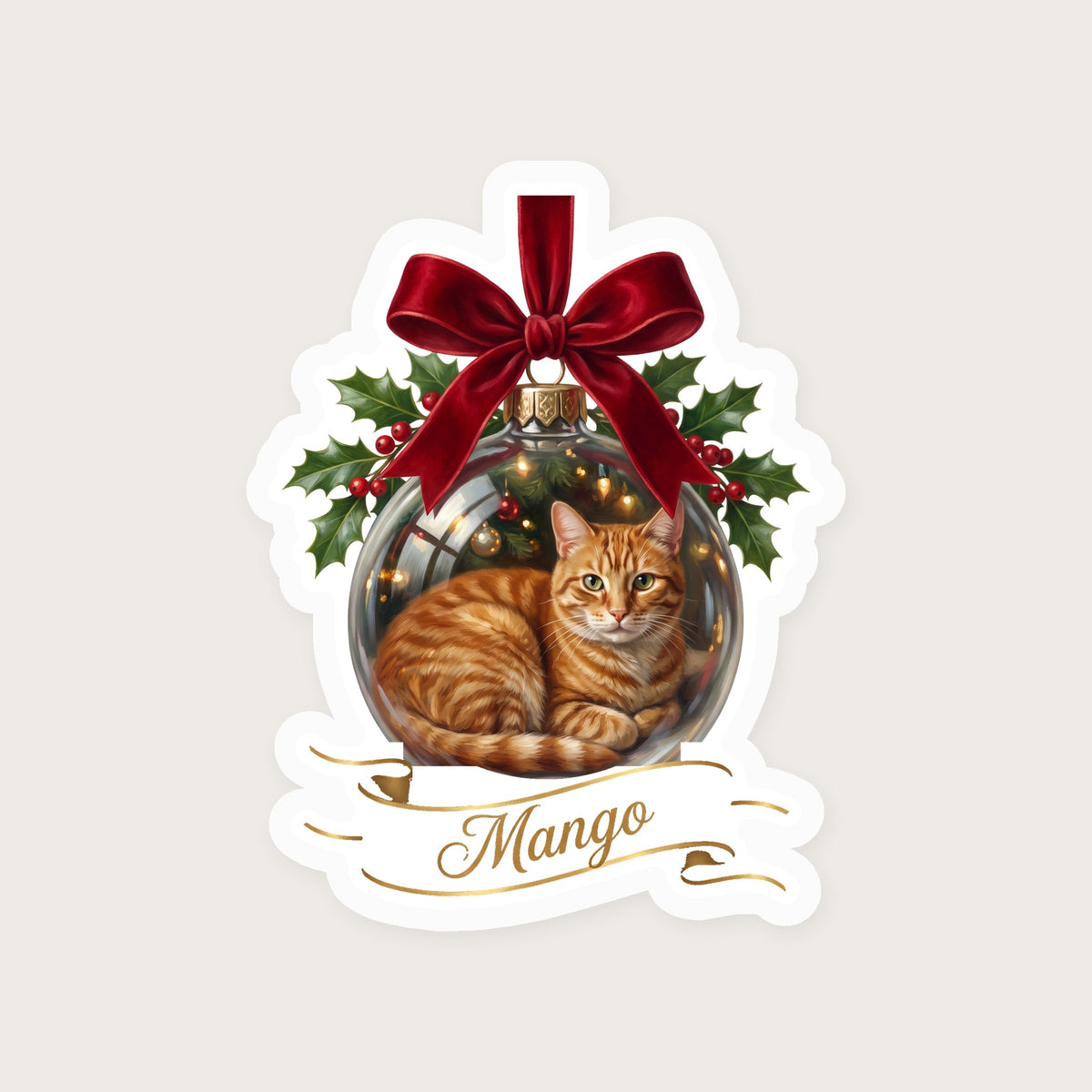 Personalized Glass Ornament Cat Sticker print detail (sample cat Mango)