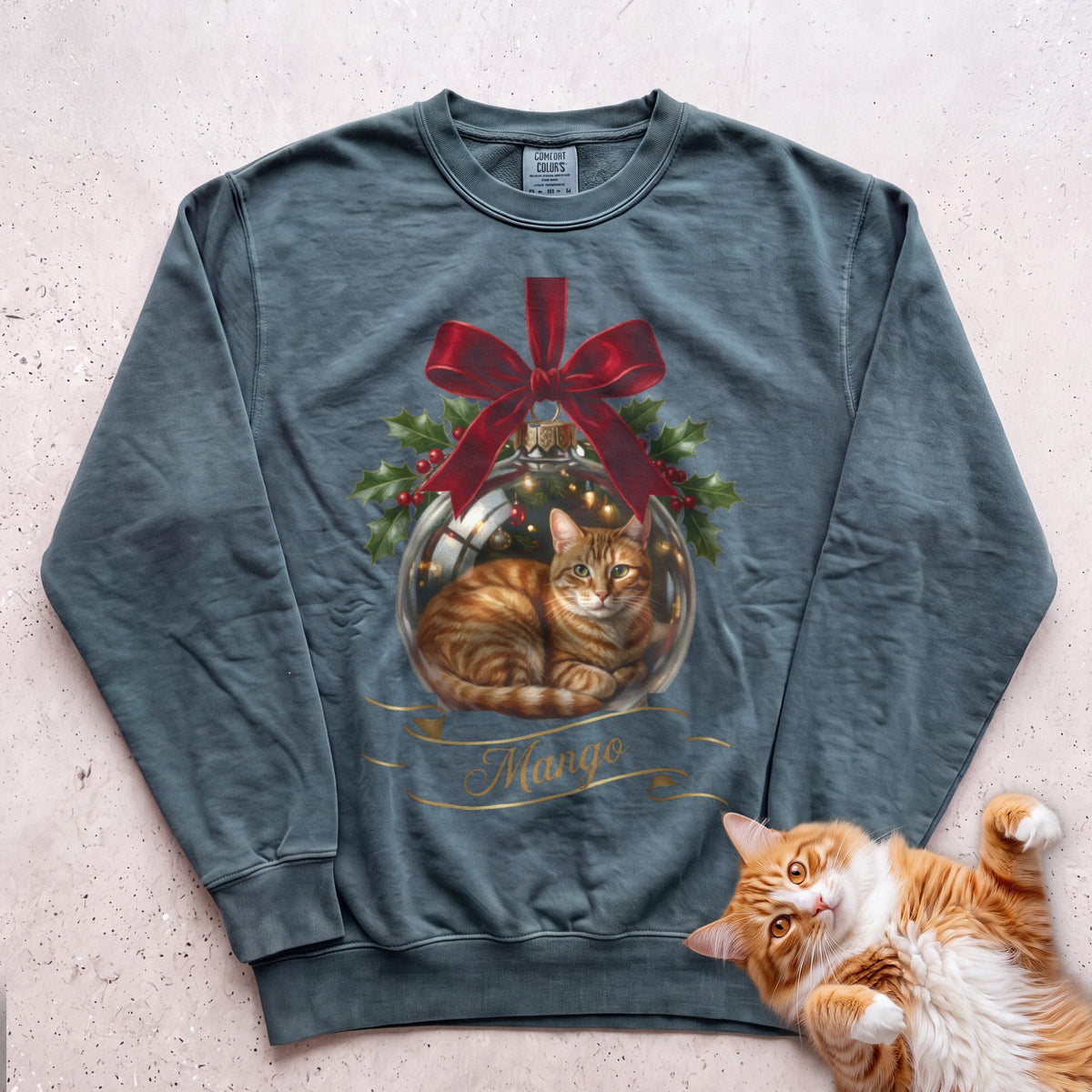 Personalized Glass Ornament Portrait Cat Sweatshirt - Blue Spruce