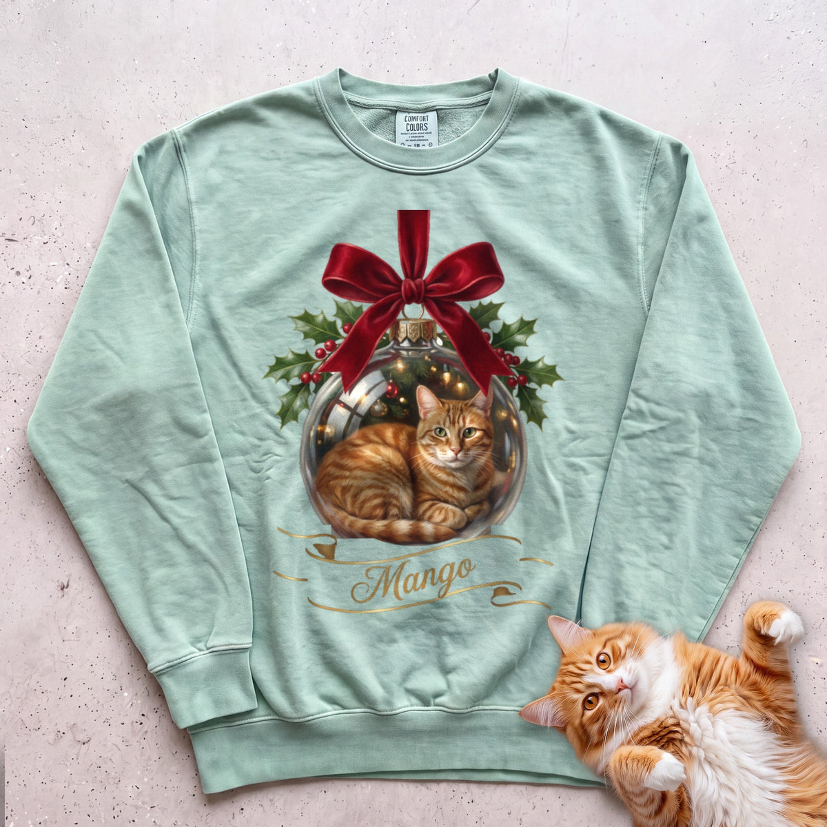 Personalized Glass Ornament Portrait Cat Sweatshirt - Light Green