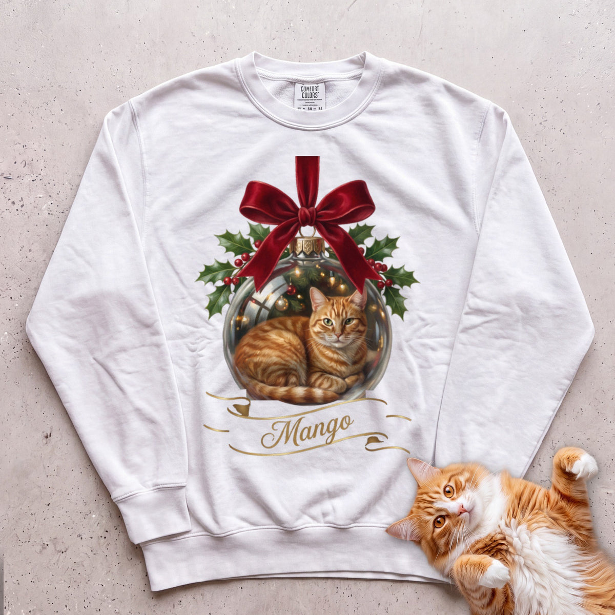 Personalized Glass Ornament Portrait Cat Sweatshirt - White