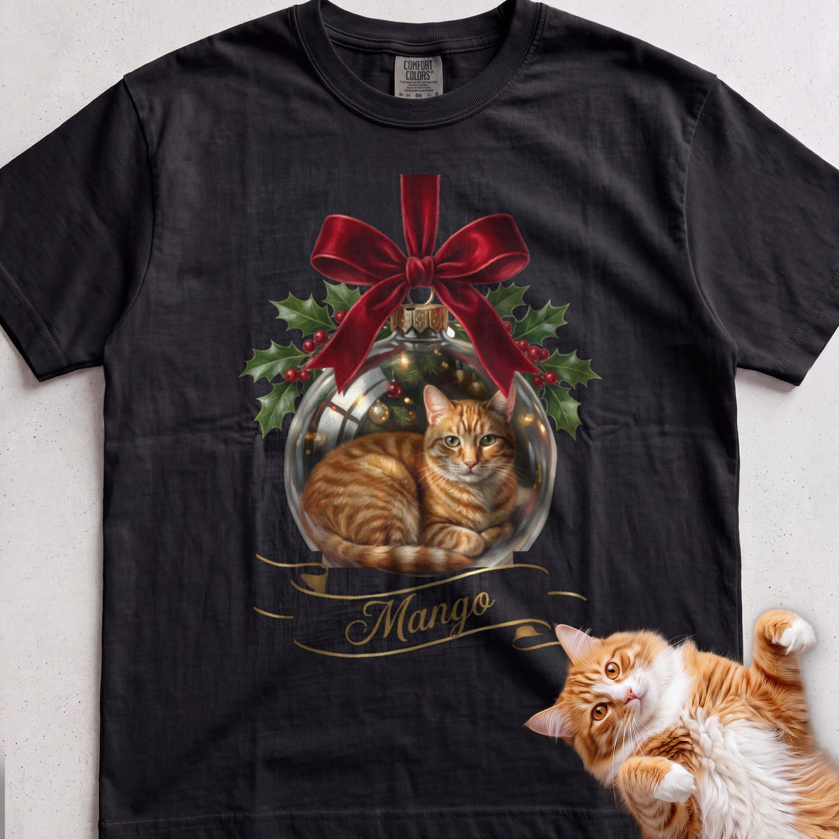 Personalized Glass Ornament Portrait Cat T-Shirt - Black