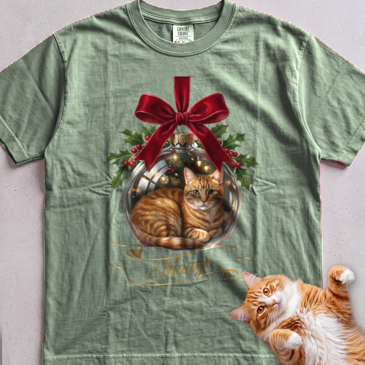 Personalized Glass Ornament Portrait Cat T-Shirt - Light Green