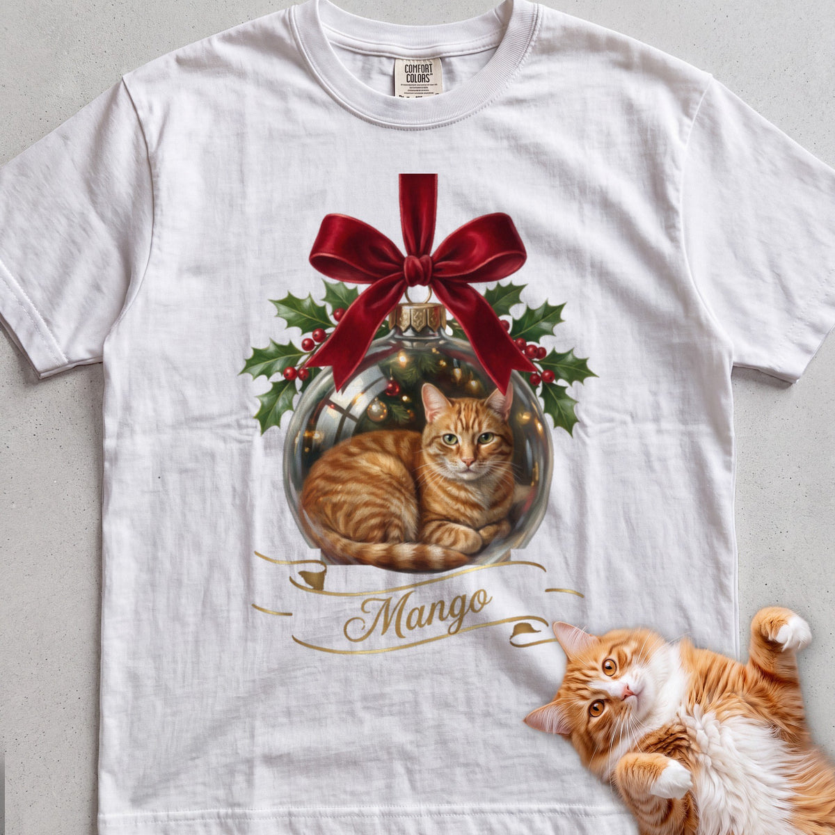 Personalized Glass Ornament Portrait Cat T-Shirt - White
