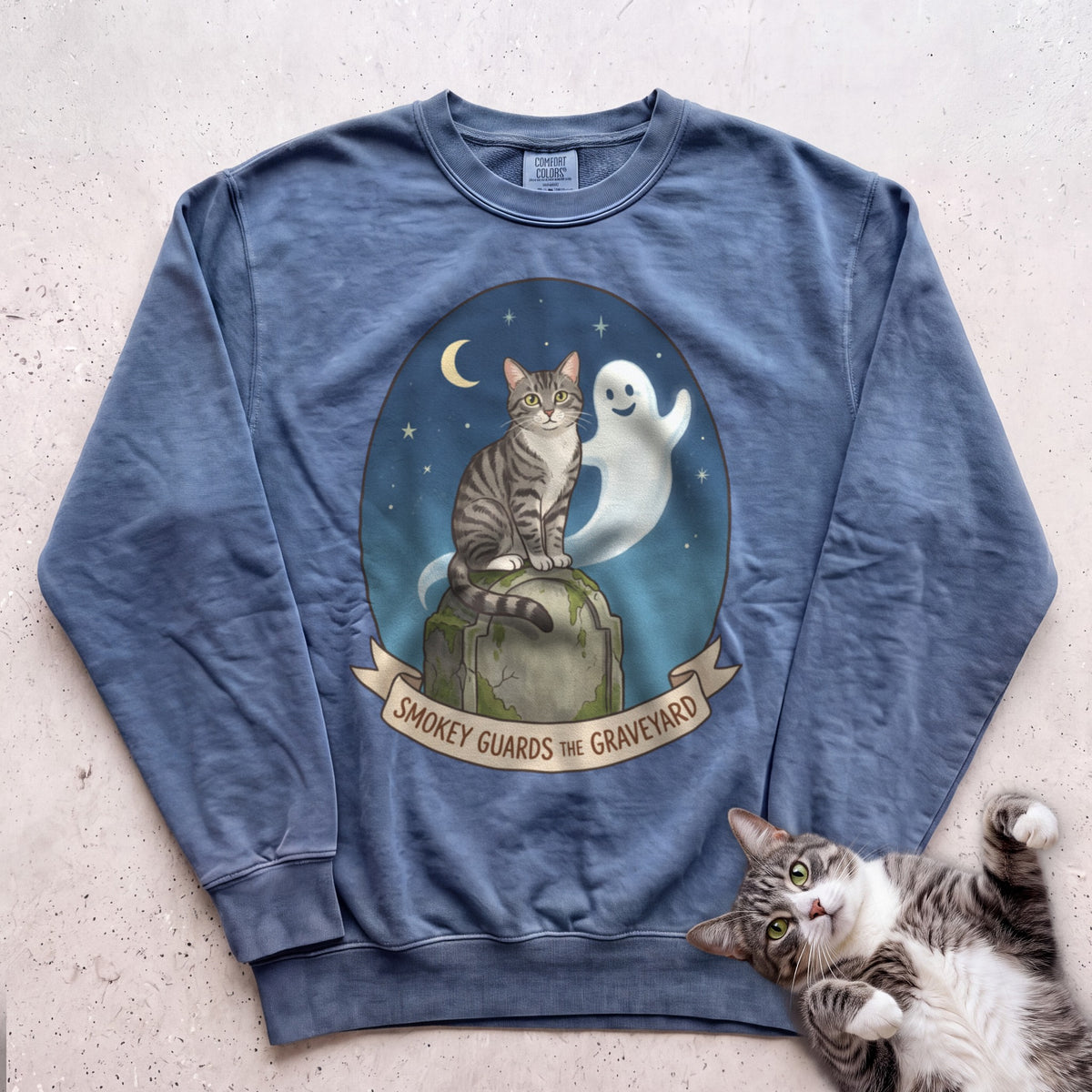 Personalized Graveyard Guard Cat Sweatshirt - Blue Jean