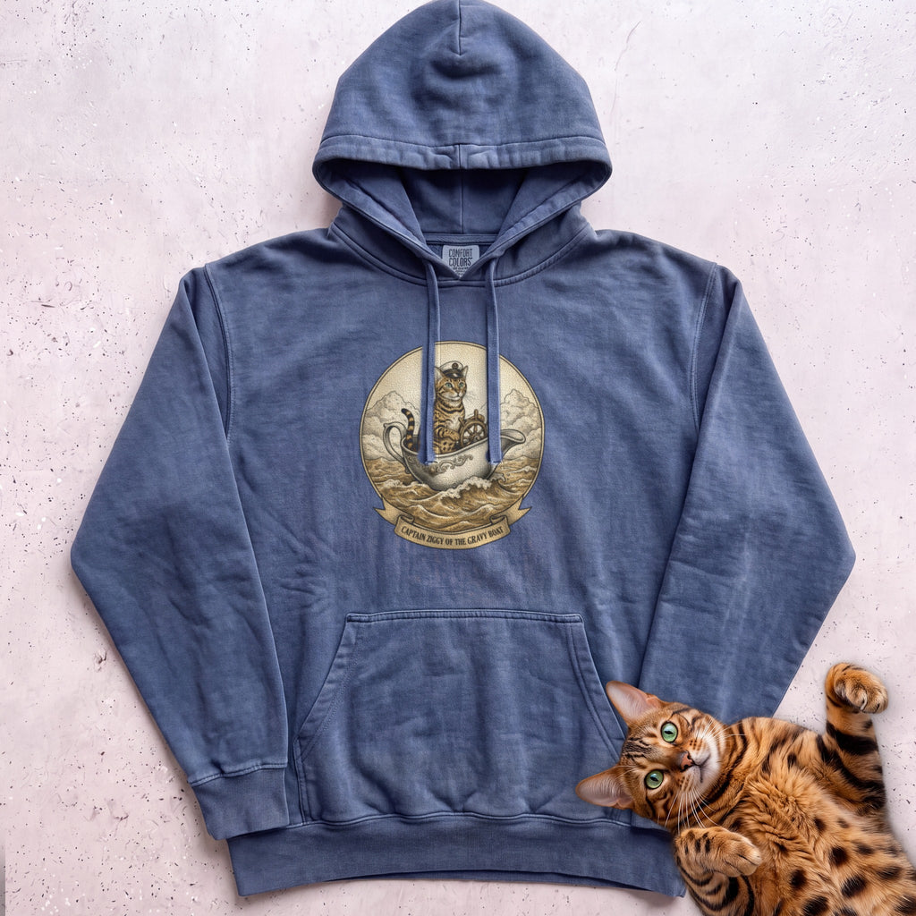 Personalized Gravy Boat Captain Cat Hoodie - Denim