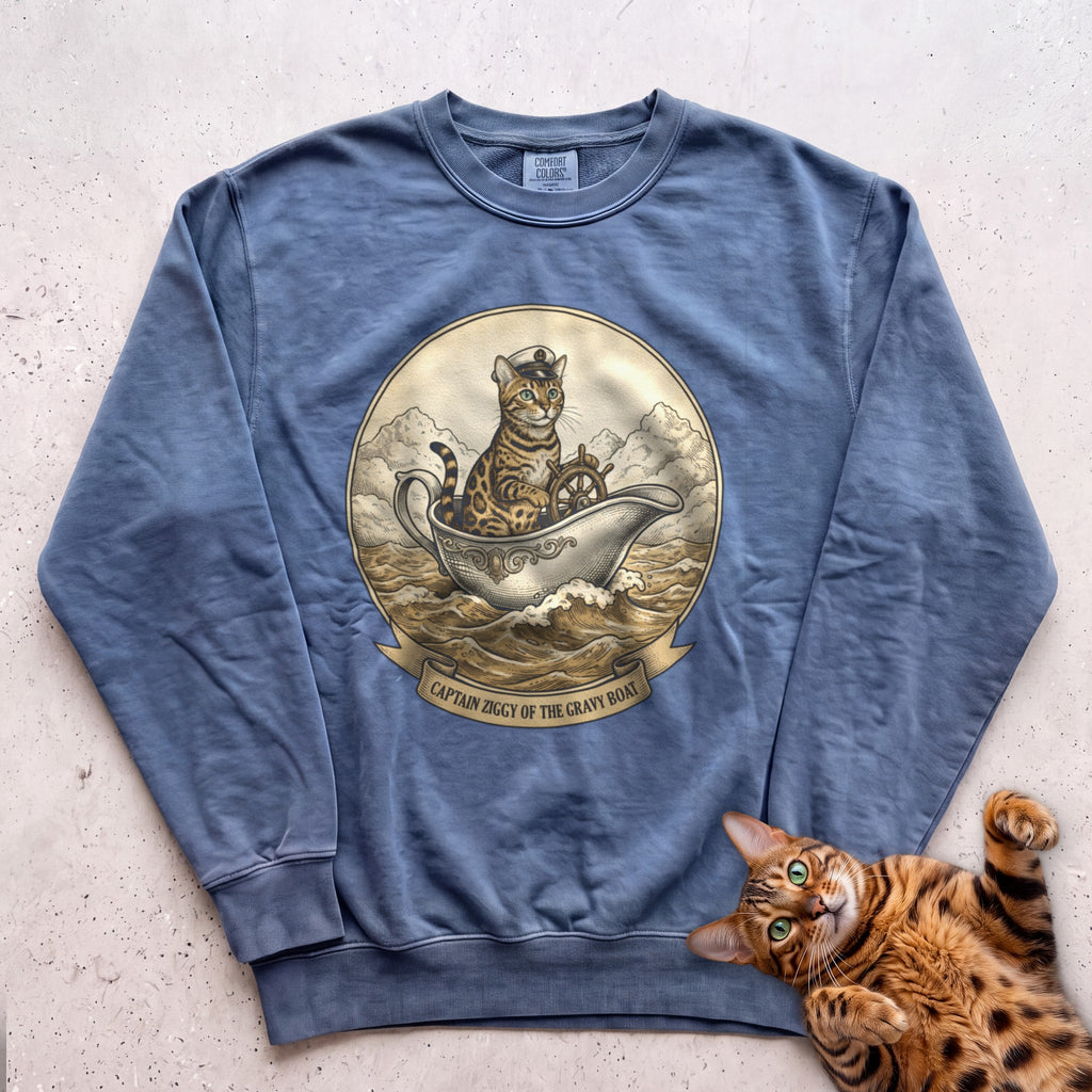 Personalized Gravy Boat Captain Cat Sweatshirt - Blue Jean